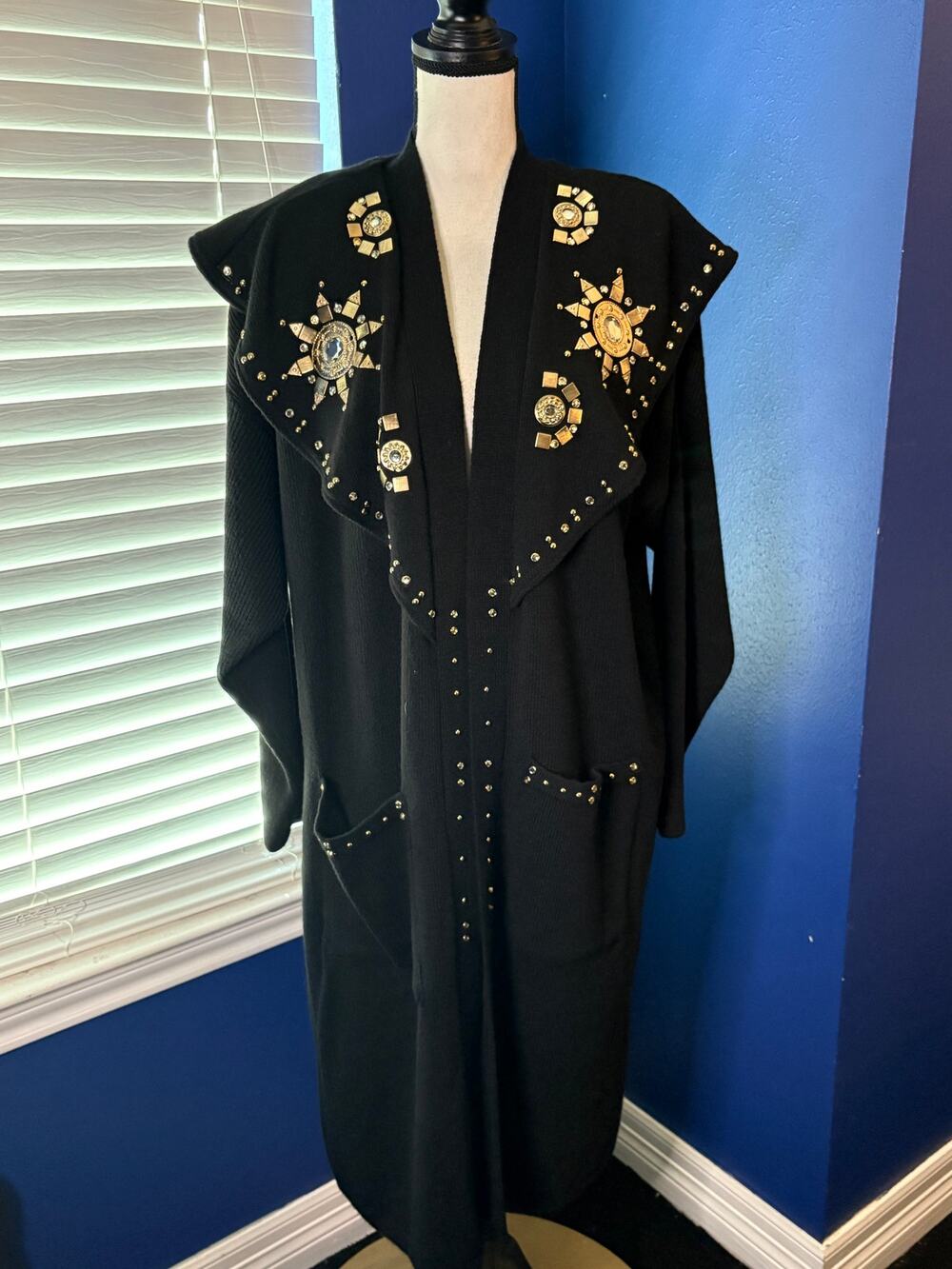 Black Geometric Rhinestone Duster Cardigan – One Size (Estate Find)